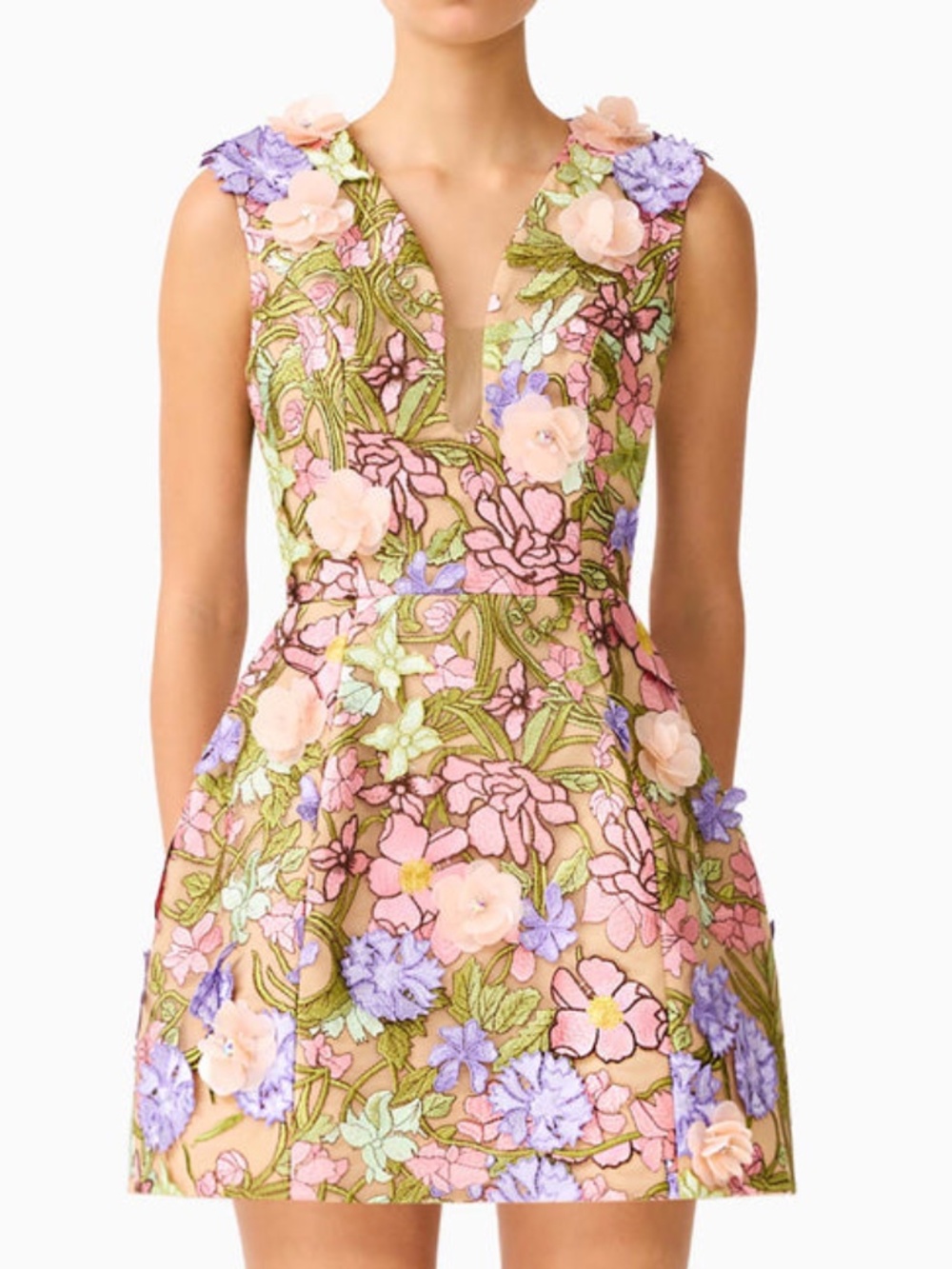 ELLIATT Fiora Tulip Mini Dress Green Pink Floral 3D Embroidered - SMALL